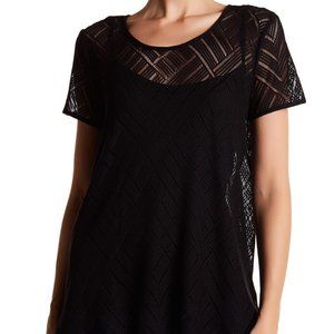 Three Dots Scoop Neck Lace Tee Black Sheer Layer S